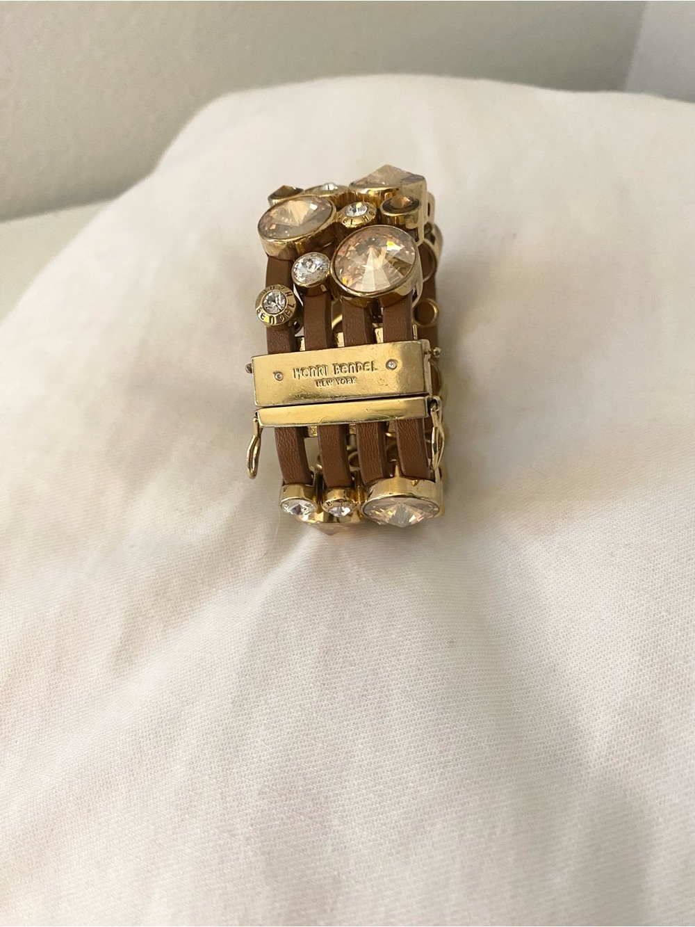 Henri Bendel Gold-Tone and Brown Leather Crystal Multi-Strand Bracelet